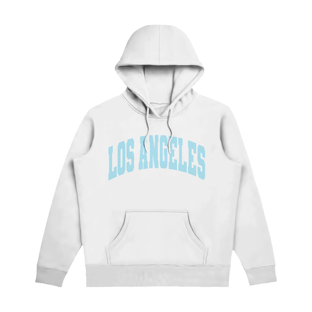 White Los Angeles Hoodie with Blue Letters β Ingrid Wittmann