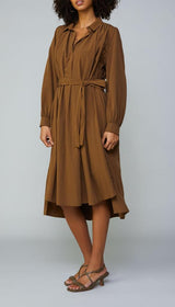 Chic Long Sleeve Half Placket Shirt Dress with Cuffs Details and Belt