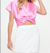 Light Pink Satin Short Sleeve Top with Front Twist
