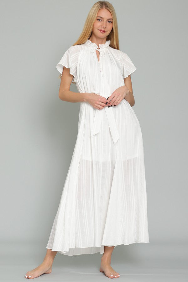 Graceful Sophistication: Short Sleeve Ruffle High Neck Belted Midi Dress