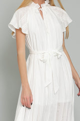 Zomm Graceful Sophistication: Short Sleeve Ruffle High Neck Belted Midi Dress