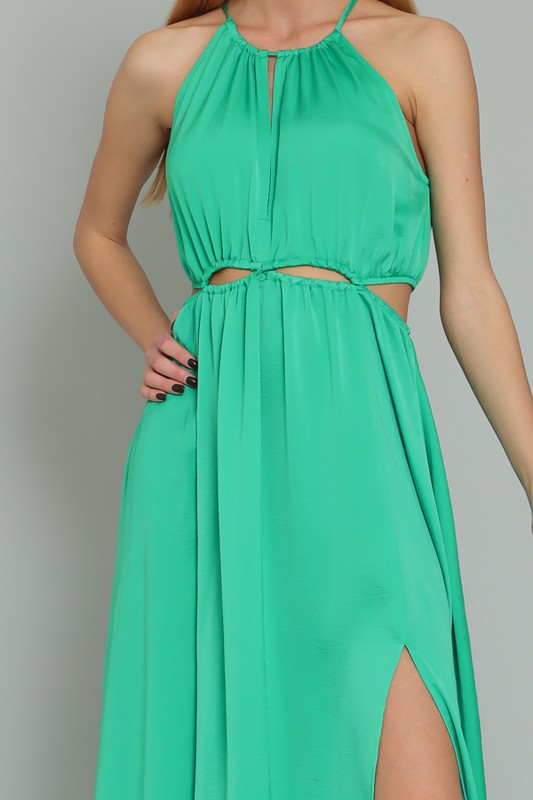 Front Middle Emerald Elegance: Sleeveless Cut Out Waisted Maxi Dress