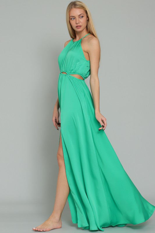 Emerald Elegance: Sleeveless Cut Out Waisted Maxi Dress