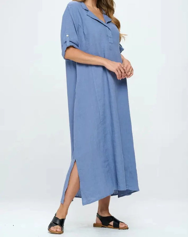 side French Linen Maxi Dress Elbow Sleeve