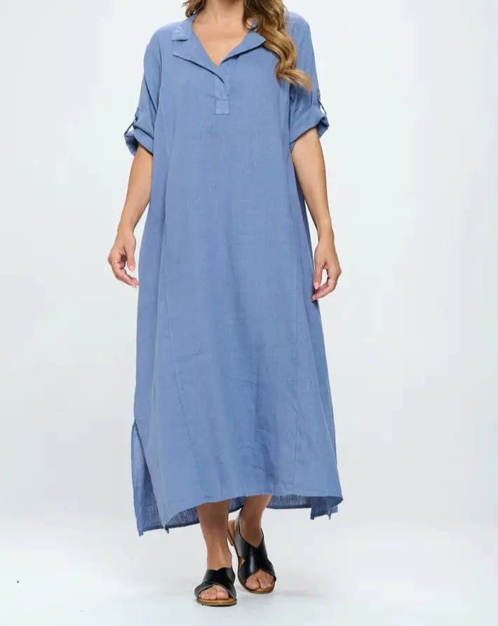 French Linen Maxi Dress Elbow Sleeve