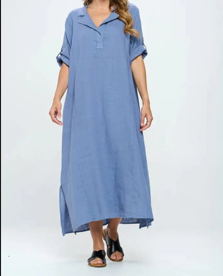 Front French Linen Maxi Dress Elbow Sleeve