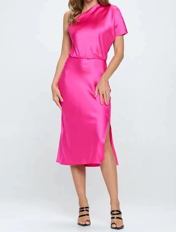 pink dress with one shoulder
