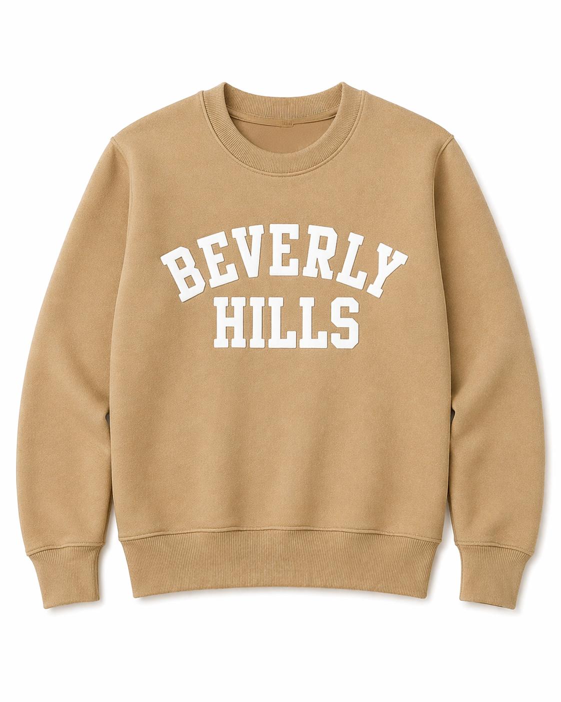 Beige sweatshirt with 'Beverly Hills' text on a white background