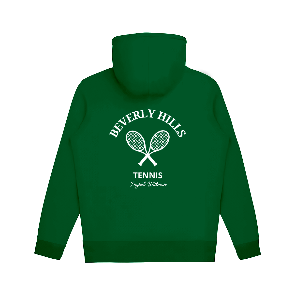 Green hoodie with 'Beverly Hills Tennis' text and racket design on the back against a white background