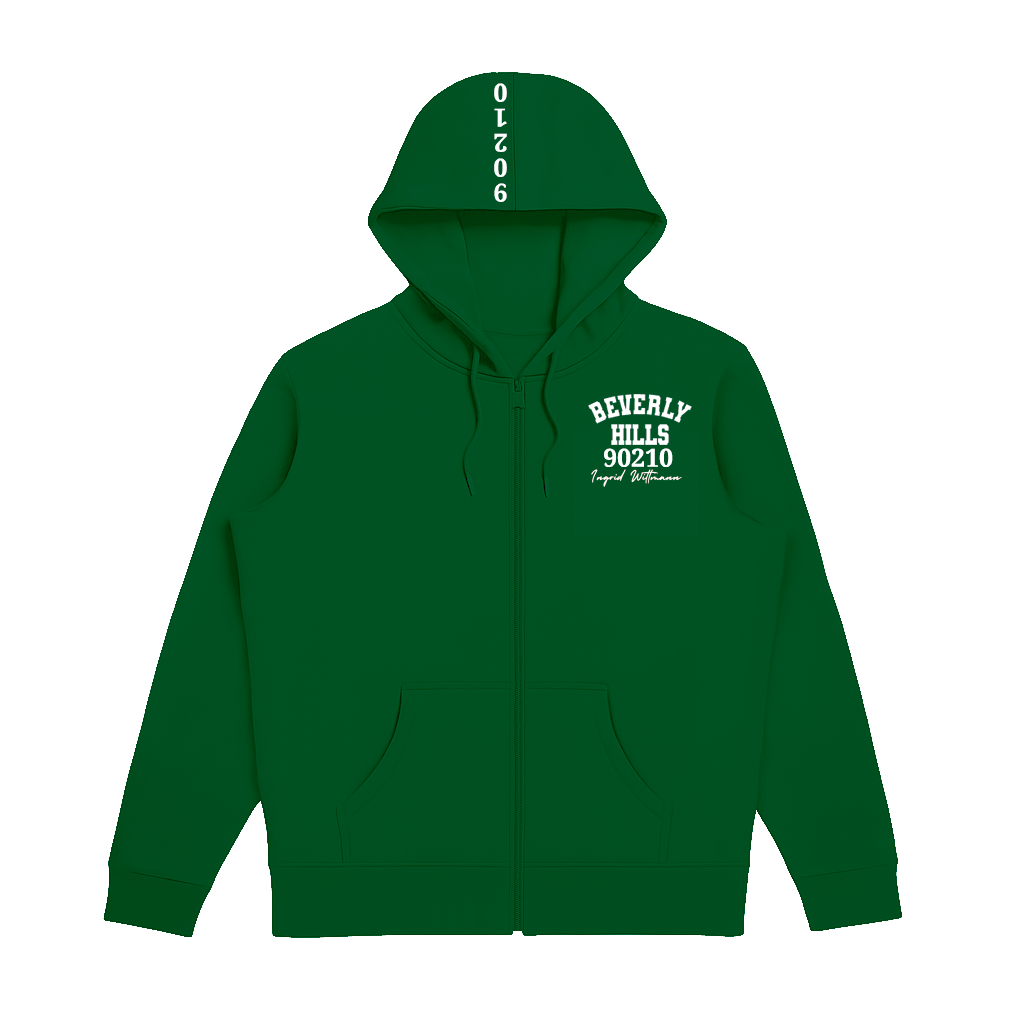 Green hoodie with 'Beverly Hills 90210' text on a white background