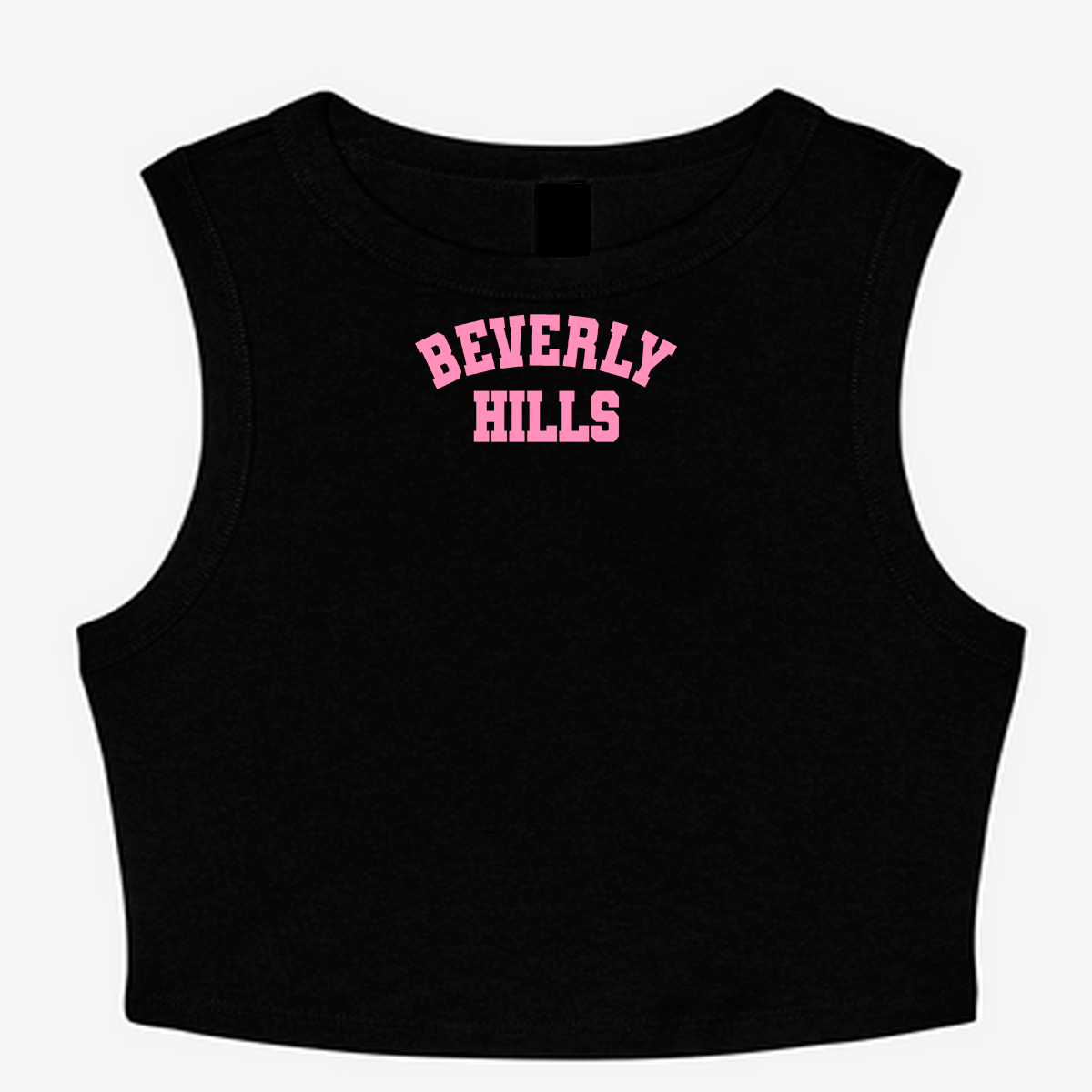 Black sleeveless top with 'Beverly Hills' printed in pink on a Black background