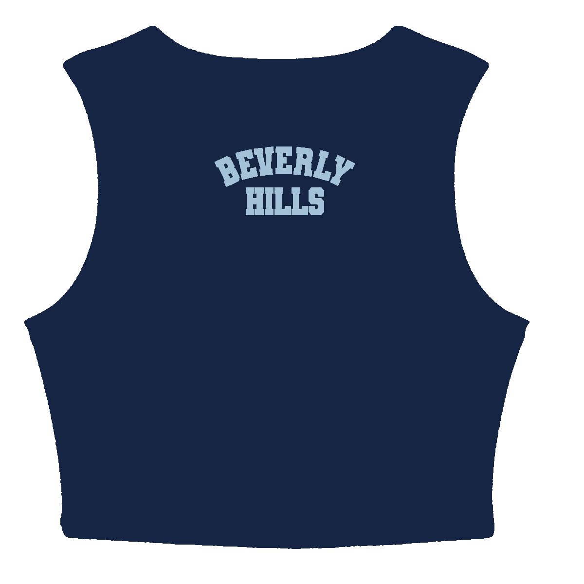 Black sleeveless top with 'Beverly Hills' printed in Blue Baby on a Navy background