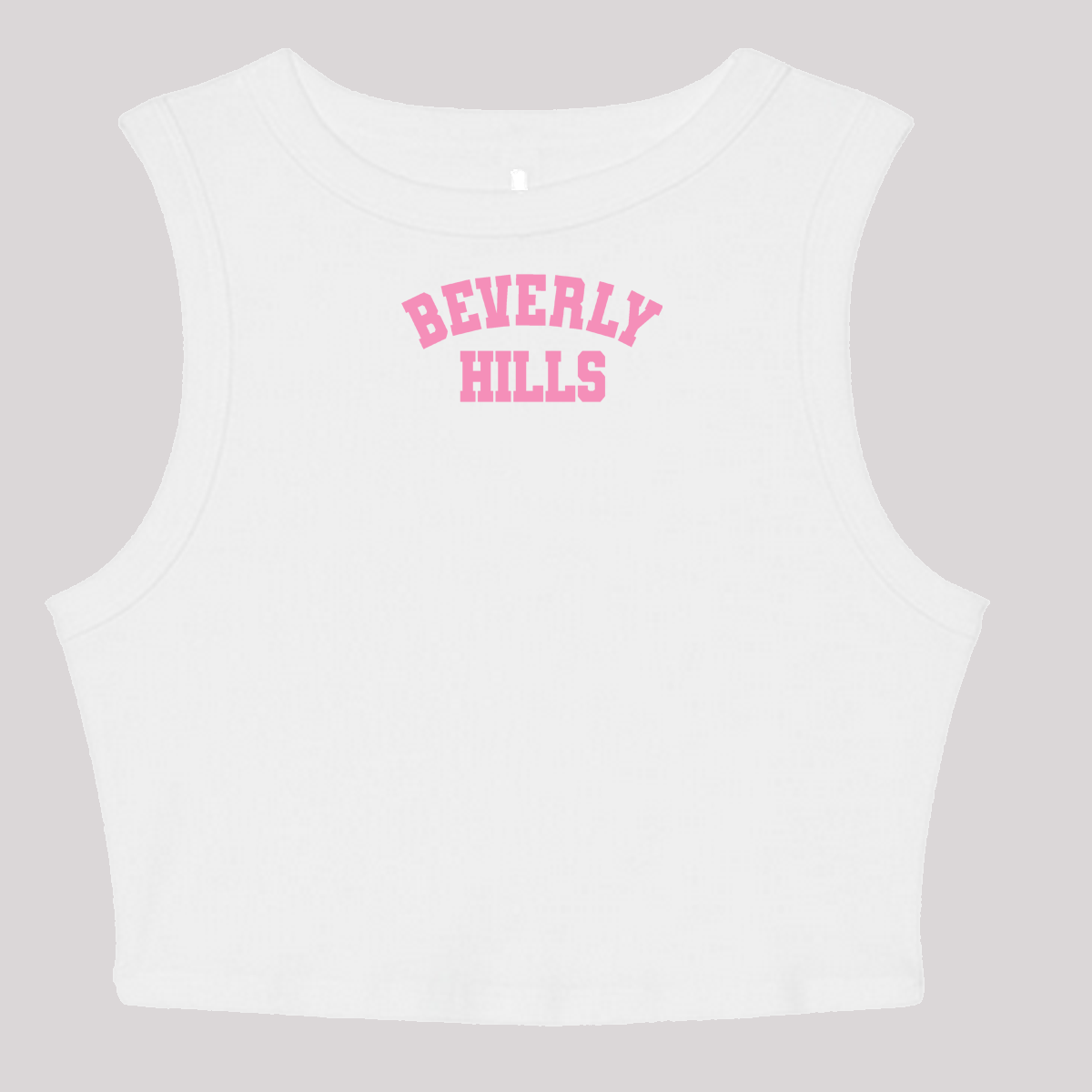 Green tank top with 'Beverly Hills' text in pink on a white background