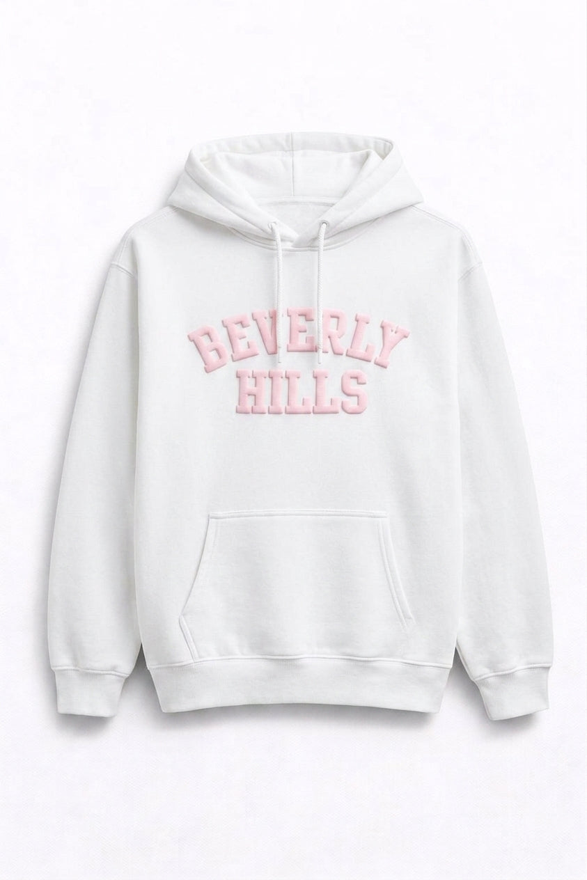 Beverly Hills White With Pink Puff Hoodie