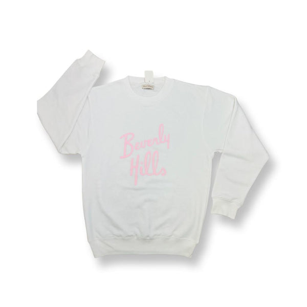 Beverly Hills Pullover White Sweatshirt Beverly Hills For Gift Crewneck with Pink Embroidery