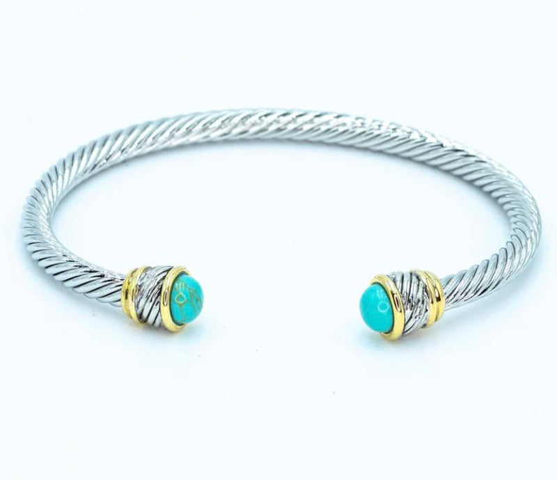 Rhodium plated wire cuff w/ turquoise stone