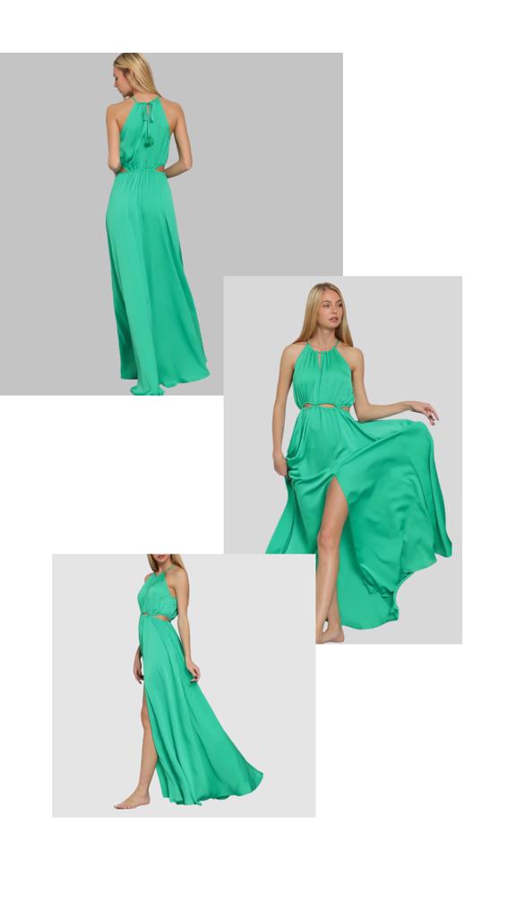 Emerald Elegance: Sleeveless Cut Out Waisted Maxi Dress Different angles