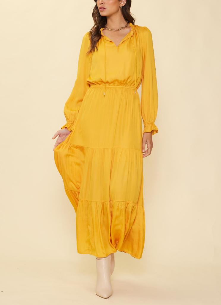 Pretty in Gold Yellow: The Ruffled Split Neck Dress