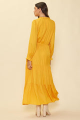 Back Pretty in Gold Yellow: The Ruffled Split Neck Dress
