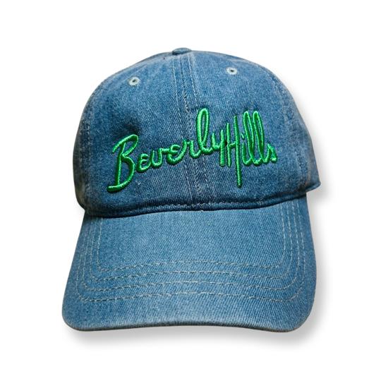Beverly Hills Cap Demin Baseball Hat With Green Embroidered Adjustable