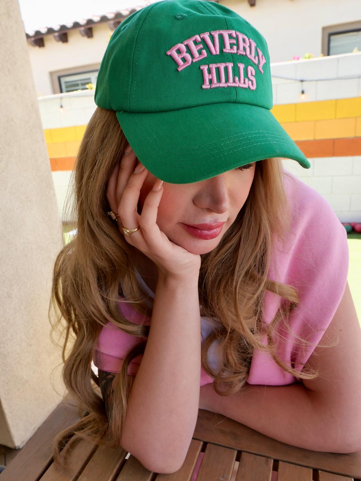 Beverly Hills Cap Green Baseball Hat With Pink Embroidered Adjustable