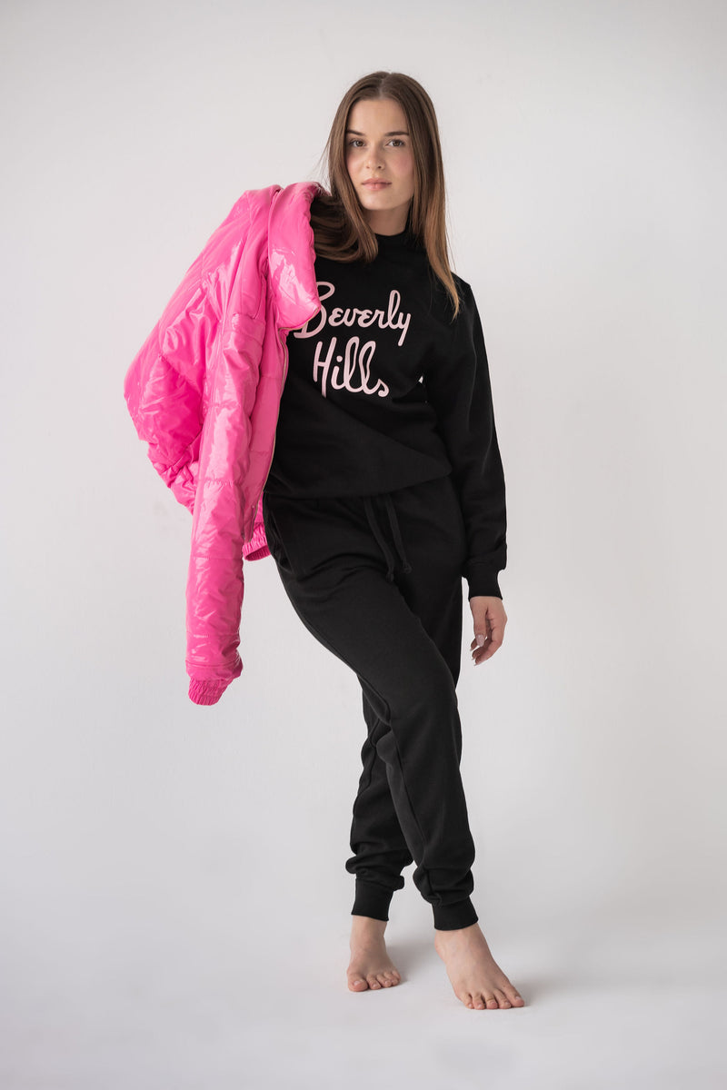Beverly Hills Pullover Black Sweatshirt Beverly Hills For Gift Crewneck with Pink Embroidery