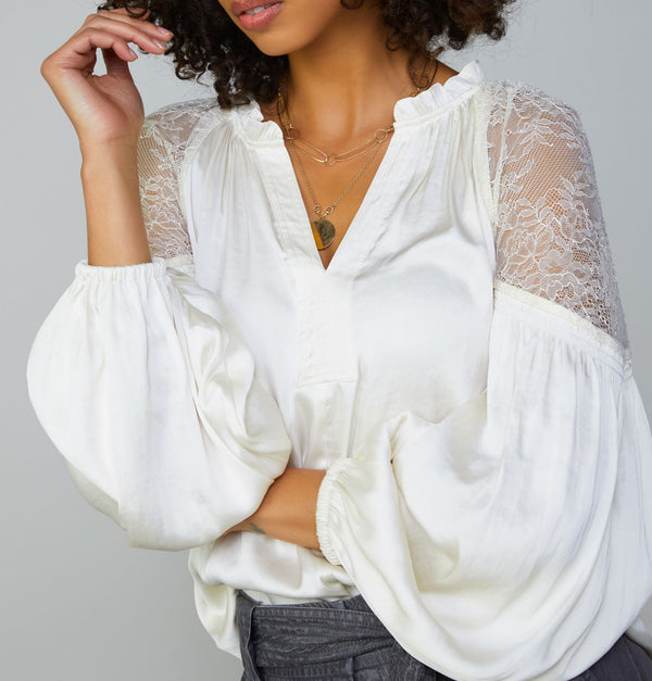 Elegant Long Sleeve Ruffled Split Neck Blouse with Contrast Lace at Shoulders Ivory