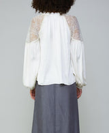 BACK Elegant Long Sleeve Ruffled Split Neck Blouse with Contrast Lace at Shoulders Ivory