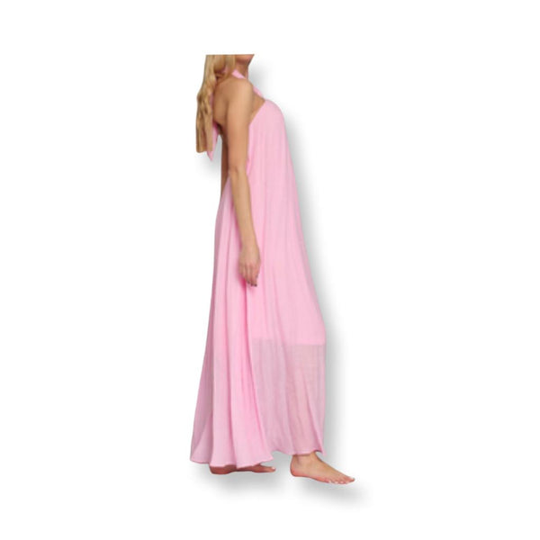 Side Bubble Gum Pink Halter Maxi Dress with Buckle Neck Detailing - Stunning and Backless
