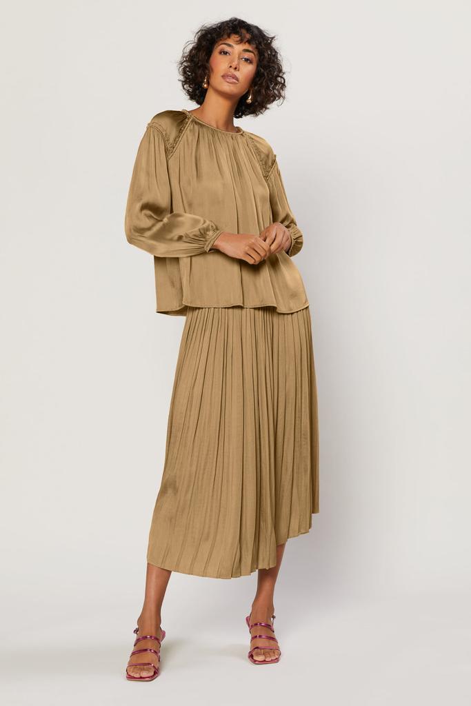 Chic and Charming: Effortless Elegance with a Round Neck Ruffled Top and Caramel A-line Midi Skirt"