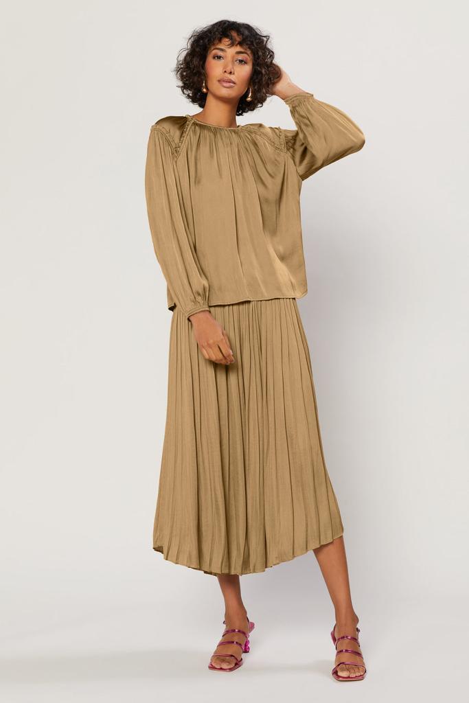 Chic and Charming: Effortless Elegance with a Round Neck Ruffled Top and Caramel A-line Midi Skirt"