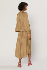 Back Chic and Charming: Effortless Elegance with a Round Neck Ruffled Top and Caramel A-line Midi Skirt"
