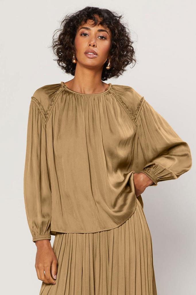 Chic and Charming: Effortless Elegance with a Round Neck Ruffled Top and Caramel A-line Midi Skirt" Top