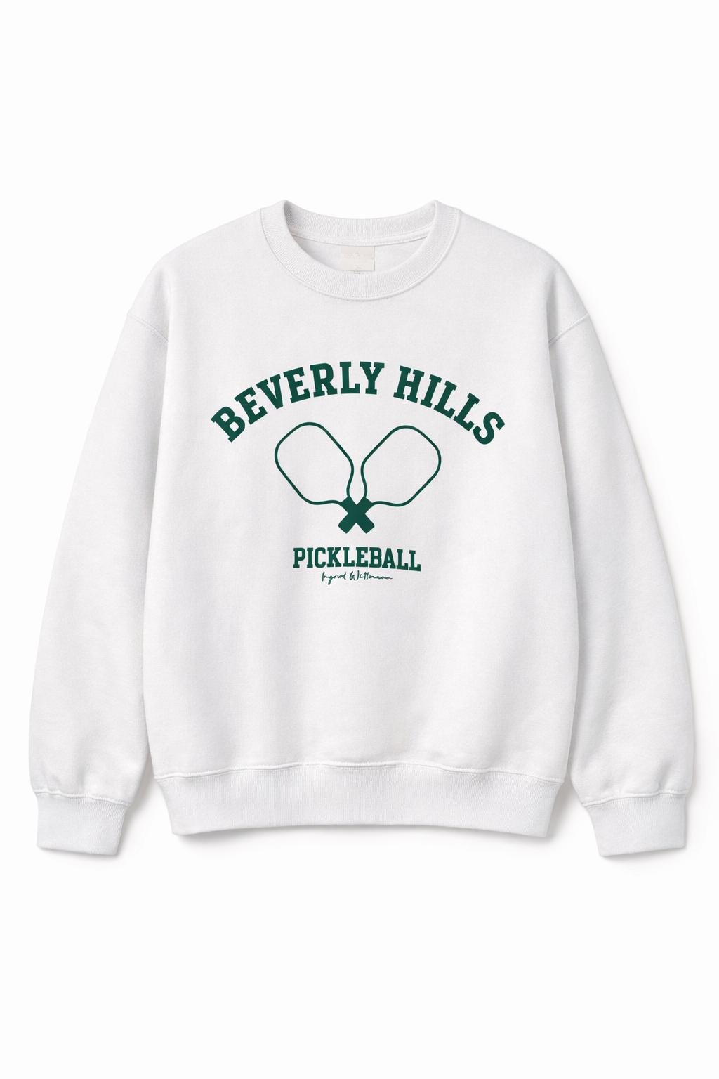 White sweatshirt with 'Beverly Hills Pickleball' graphic on a white background