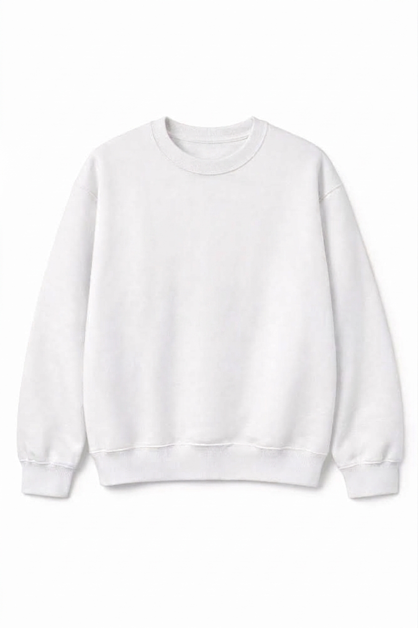 A plain white crewneck sweatshirt with long sleeves and ribbed cuffs and hem, shown flat against a white background.
