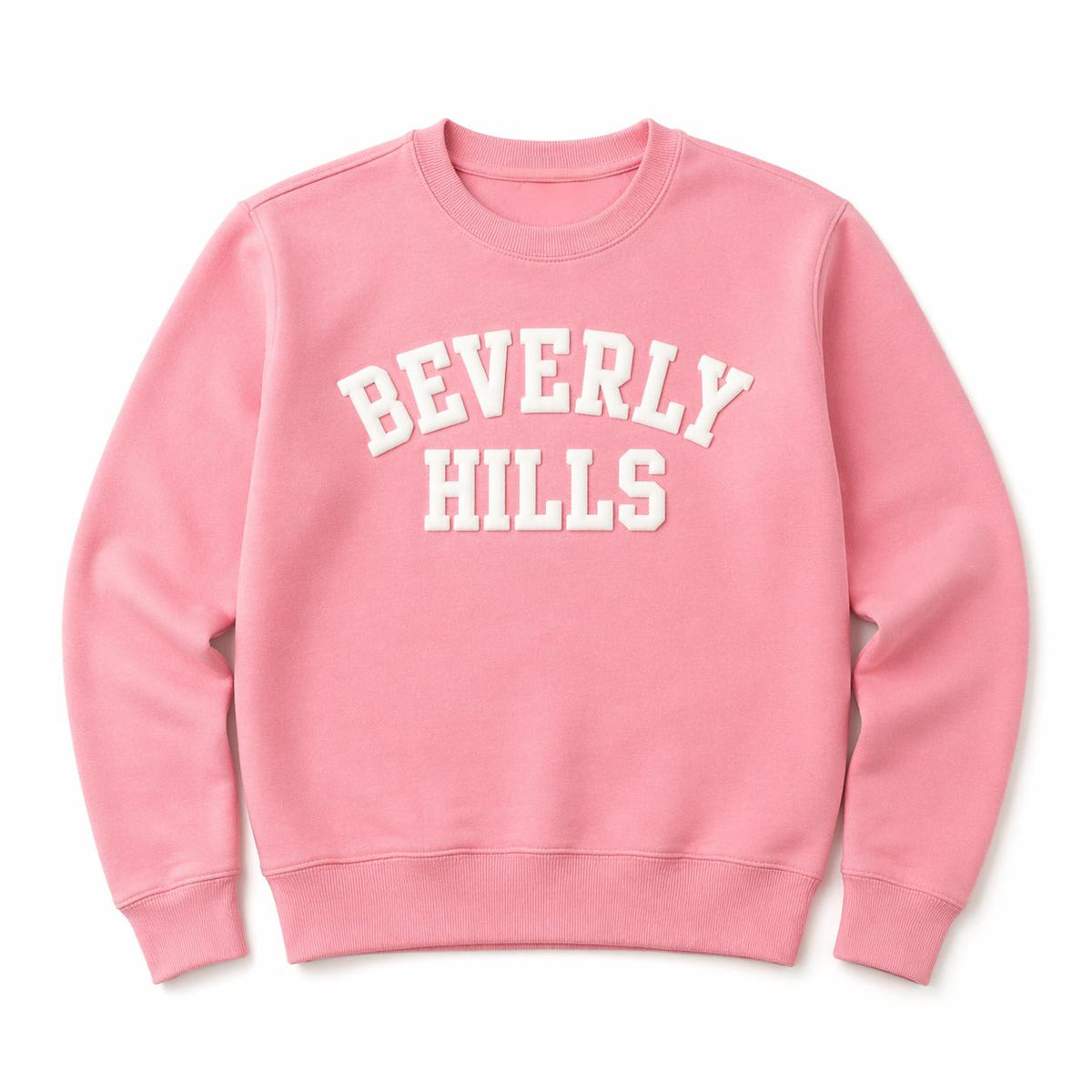 Pink sweatshirt with 'Beverly Hills' text on a white background