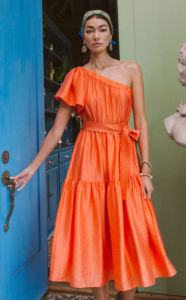 One Shoulder Orange Midi Dress