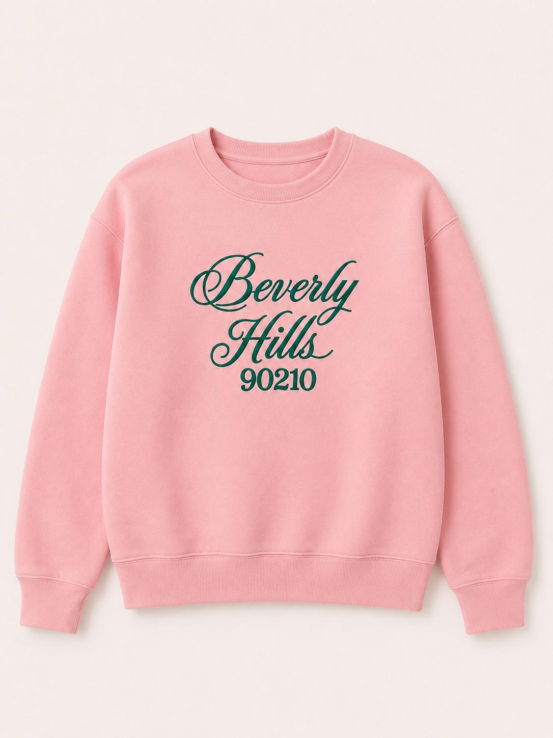 Original Beverly Hills pink with Green Cursive Puff Crewneck