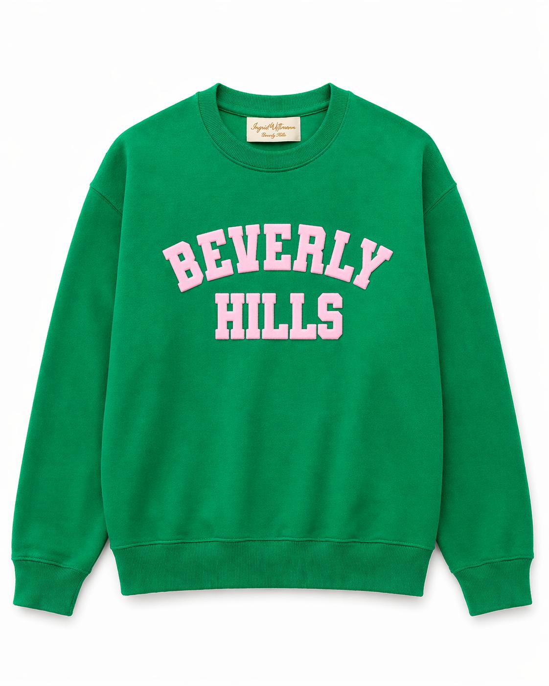 Original Beverly Hills Pullover Sweatshirt Kelly Green With Pink Puff Letters