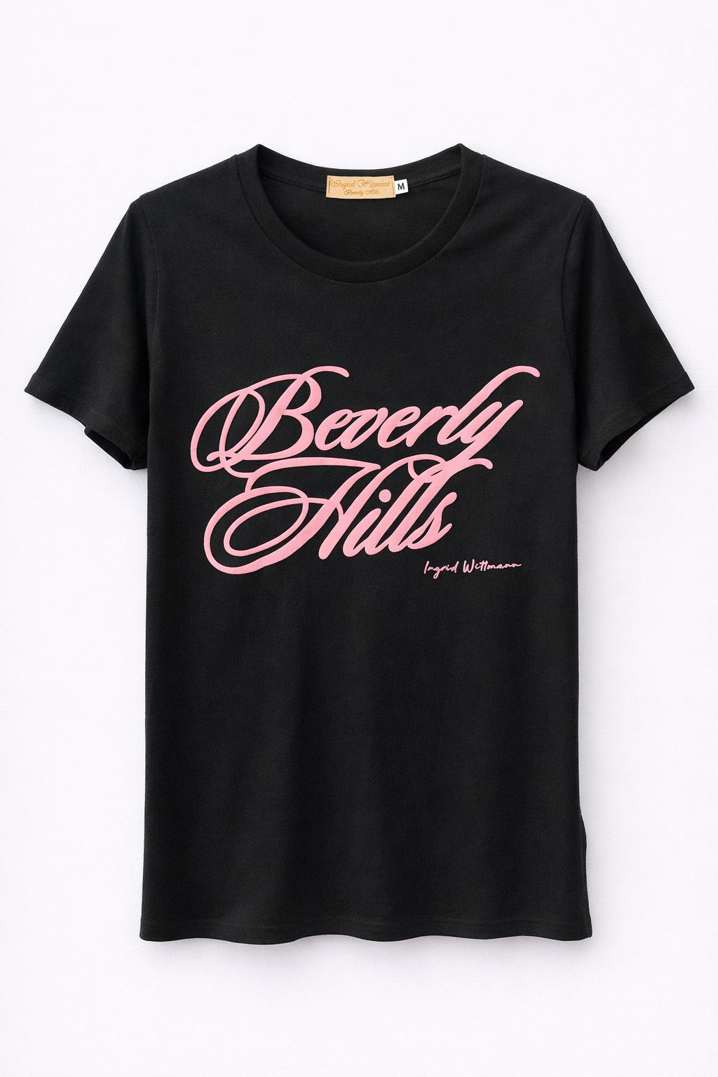 Beverly Hills T-Shirt Beverly Hills Black With Pink Cursive Letters Puff