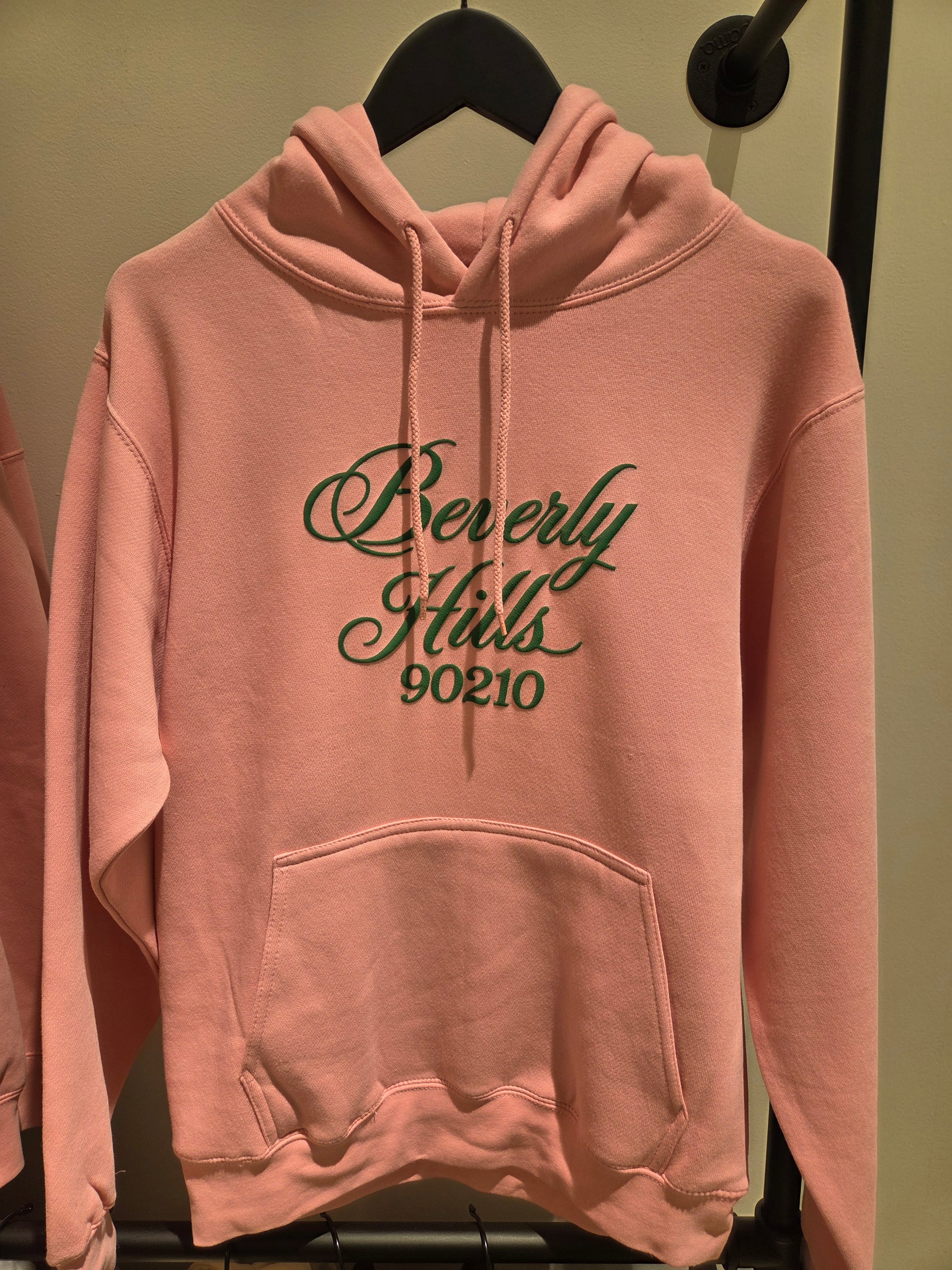 Original Beverly Hills pink with Green Cursive Puff Hoodie