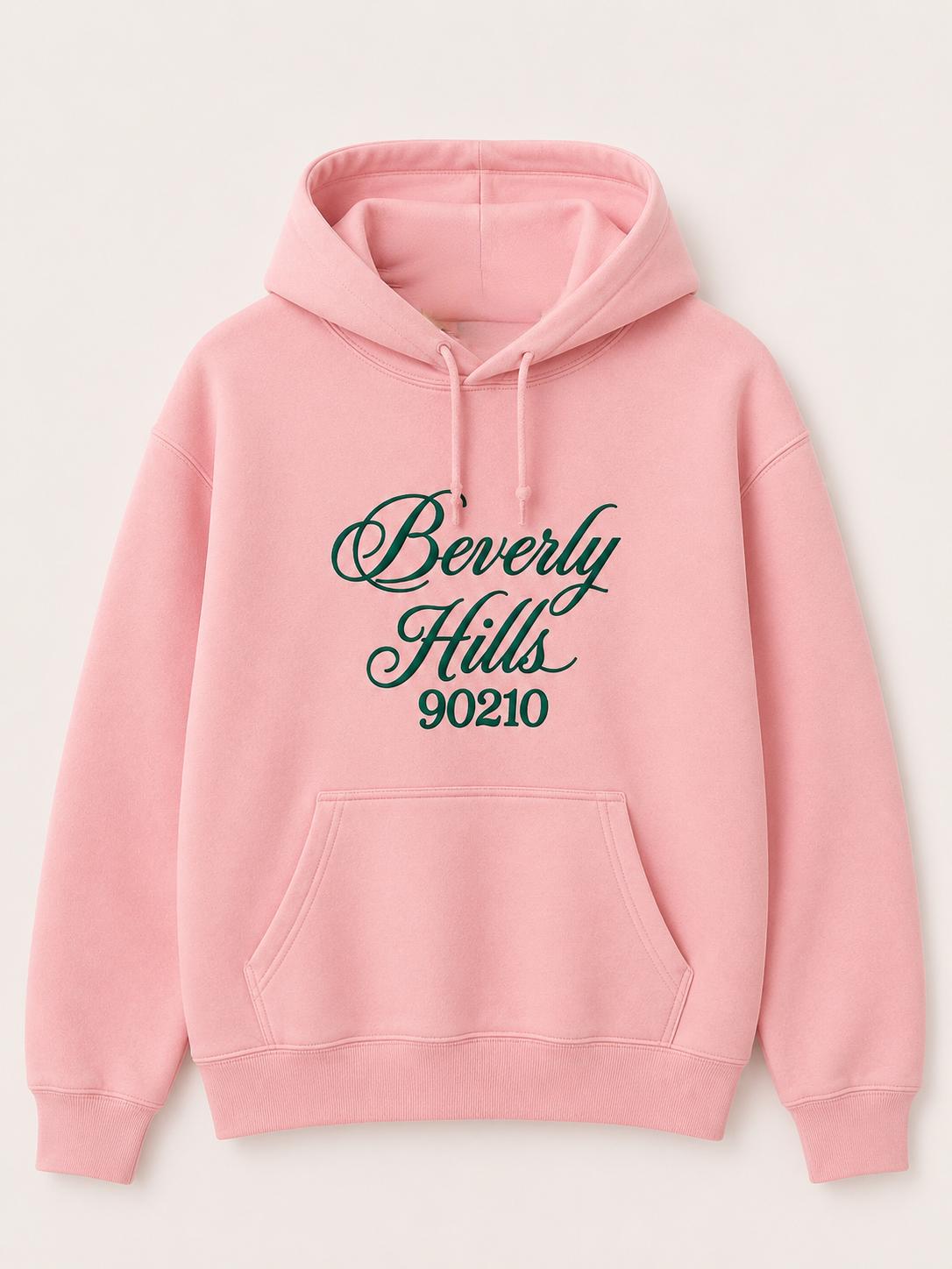 Original Beverly Hills pink with Green Cursive Puff Hoodie