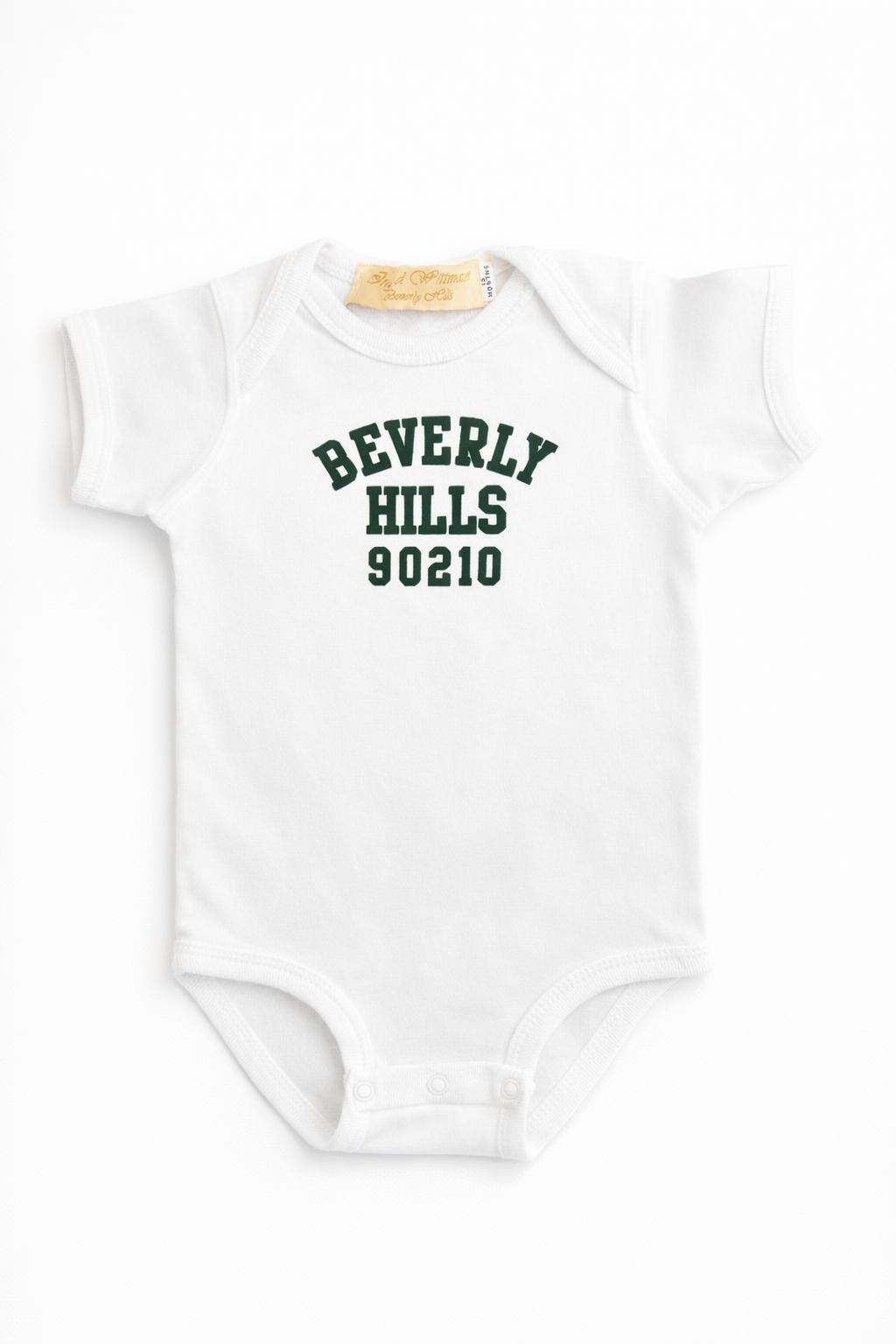 White baby onesie with 'Beverly Hills 90210' text on a white background