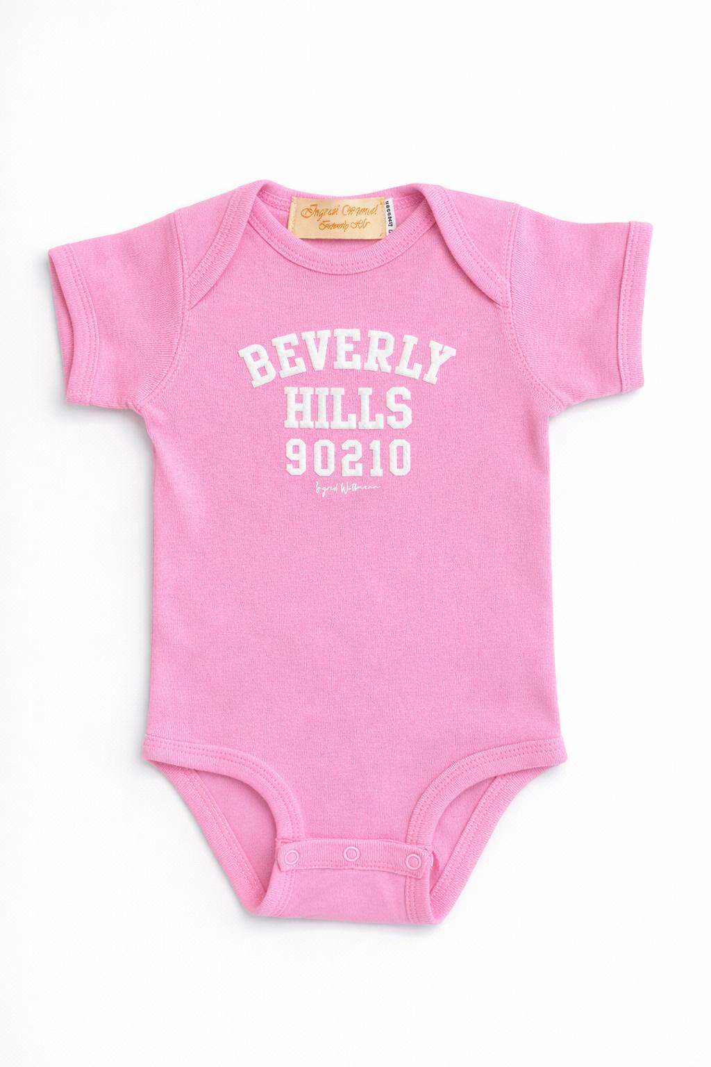 Pink baby onesie with 'Beverly Hills 90210' text on a white background