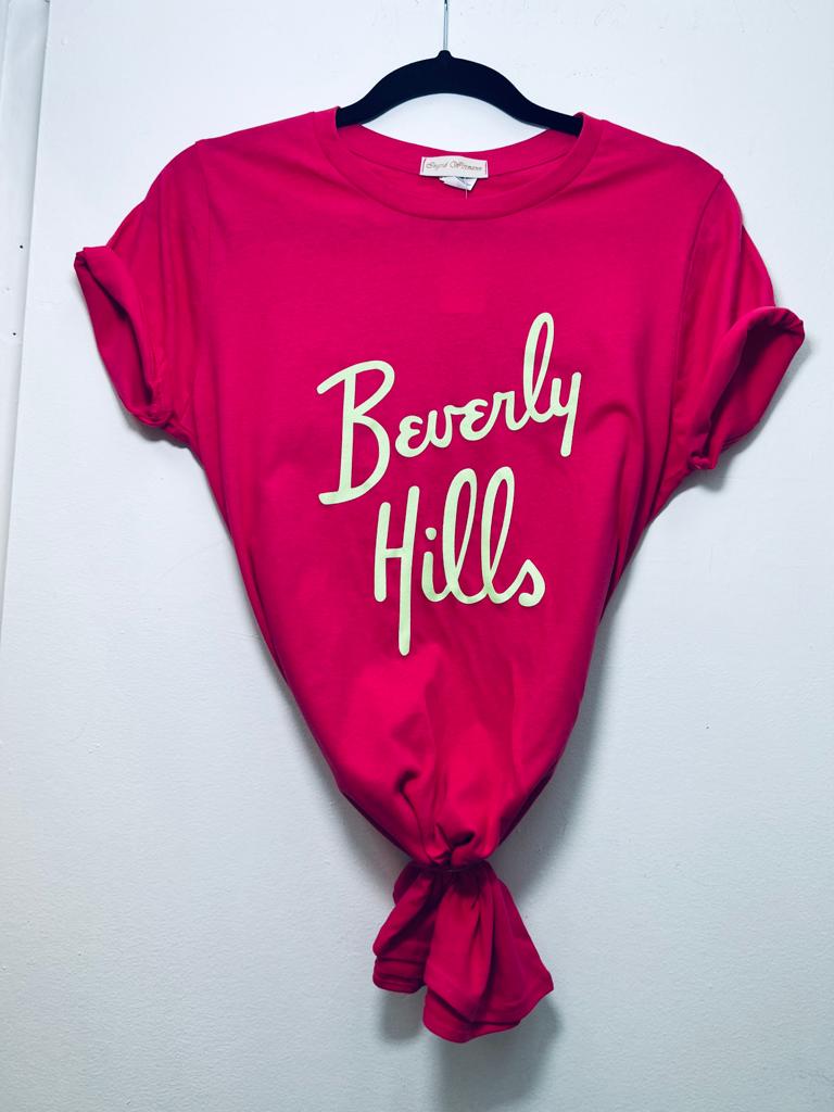 Beverly Hills T shirt Hot Pink T-Shirt Beverly Hills With Green Letters For Gift For Her