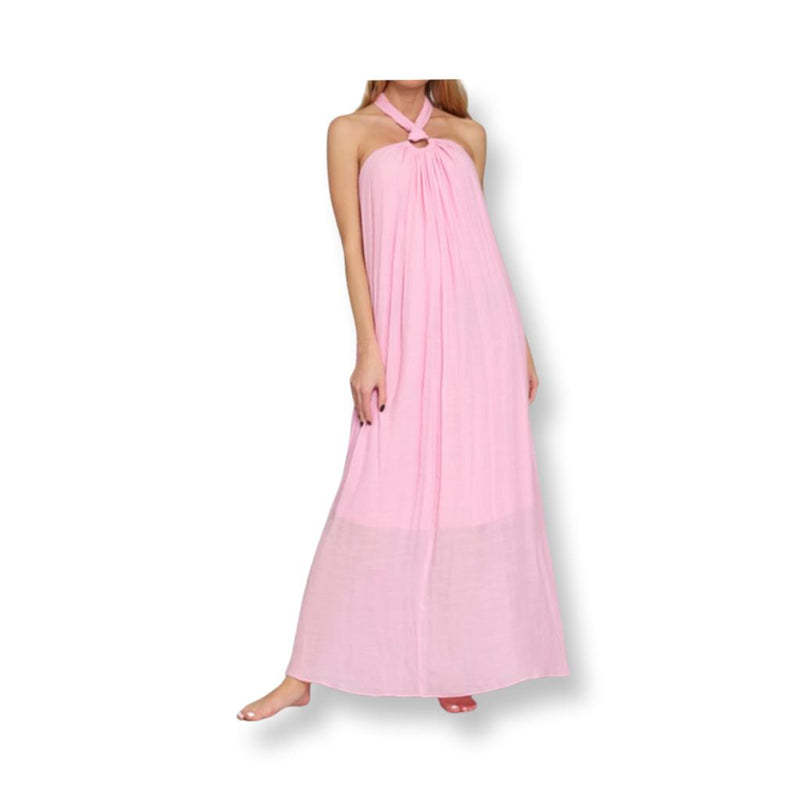 Bubble Gum Pink Halter Maxi Dress with Buckle Neck Detailing - Stunning and Backless