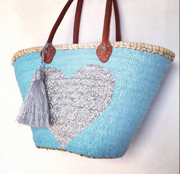 French basket tote bag with silver heart & tassel sequins